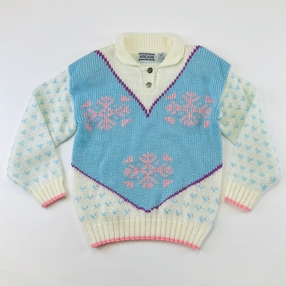 Vintage Sweaters - Vintage ‘80’s blue pink pastel snowflake collared acrylic sweater Large